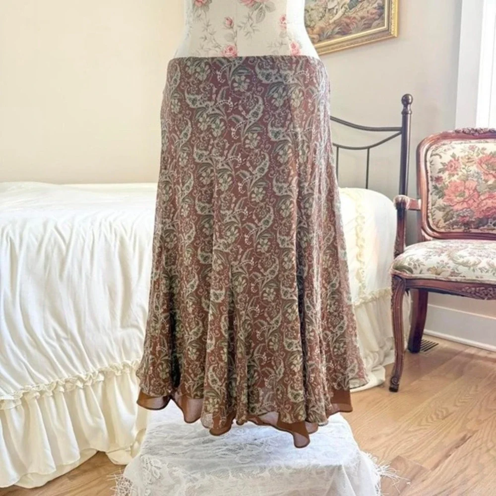 90s brown‎ and sage floral silk midi skirt charter club size 10